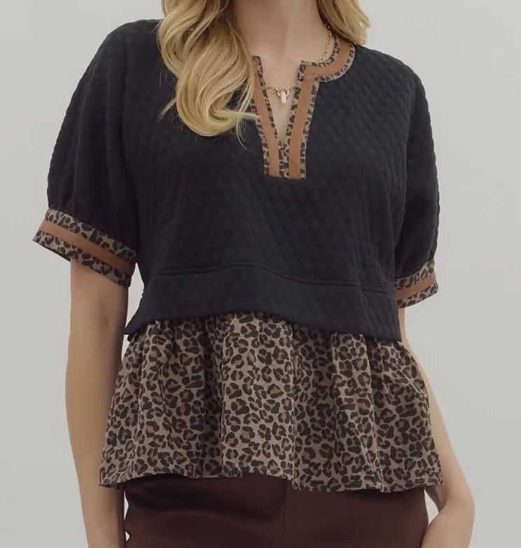 z Leopard Textured Puff Sleeve Top