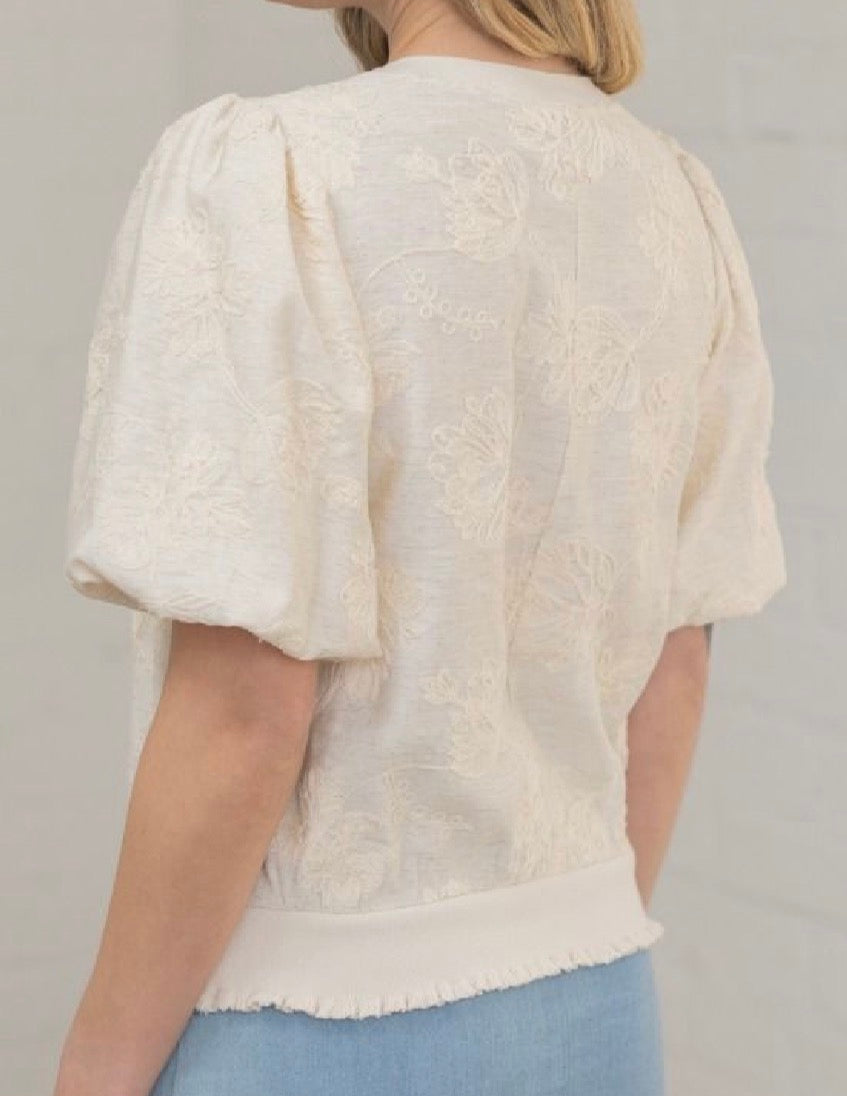 z Floral Embroidered Bubble Sleeve Top