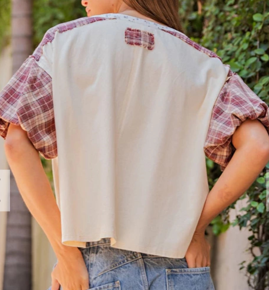 z Mineral Washed Plaid Puff Sleeve Top