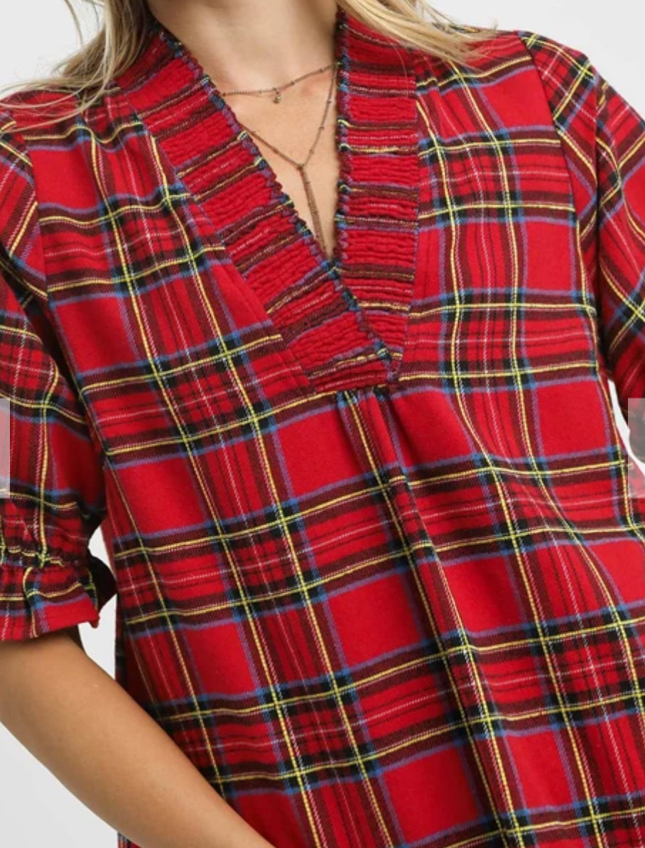 z Plaid Smocked Flannel Top