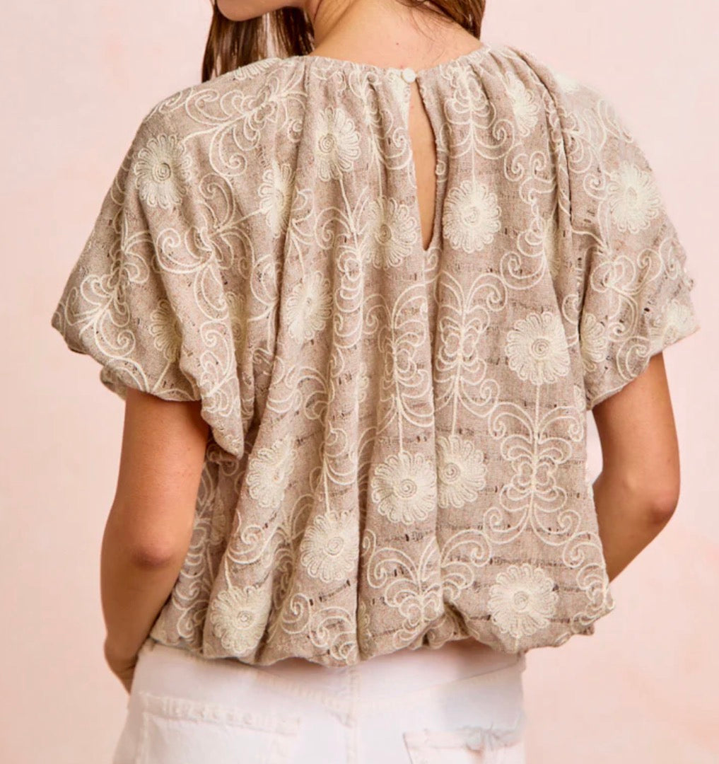 z Flower Embroidered Bubble Hem Top