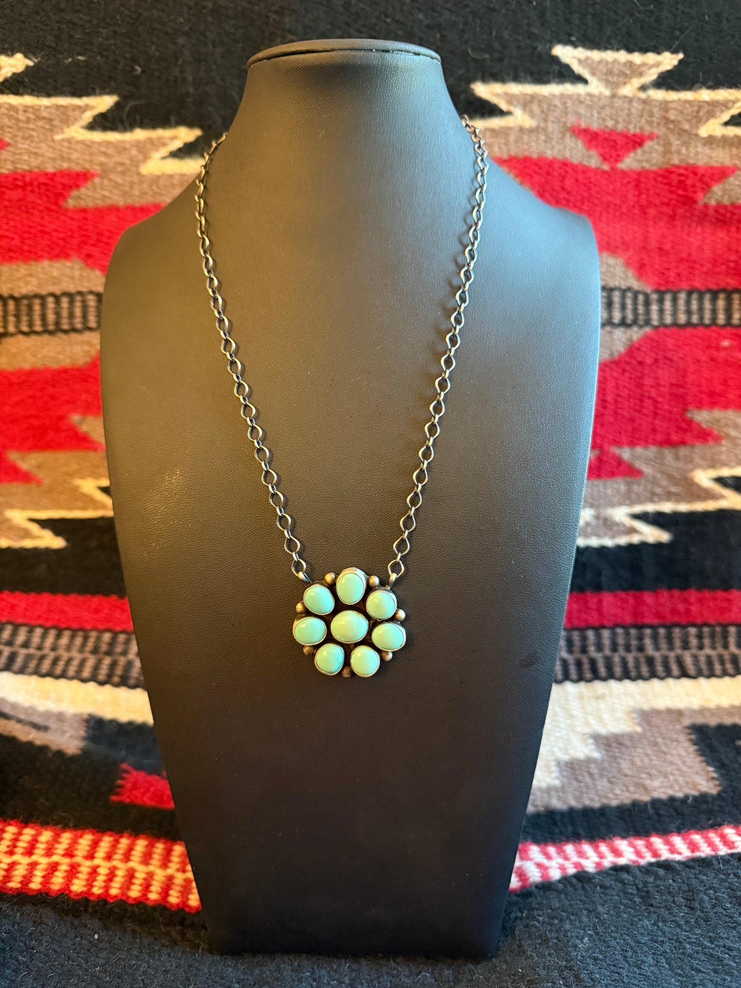 Sterling Silver Link Chain Necklace with a SS Turquoise 8 Cluster Stone Pendant 20" Long