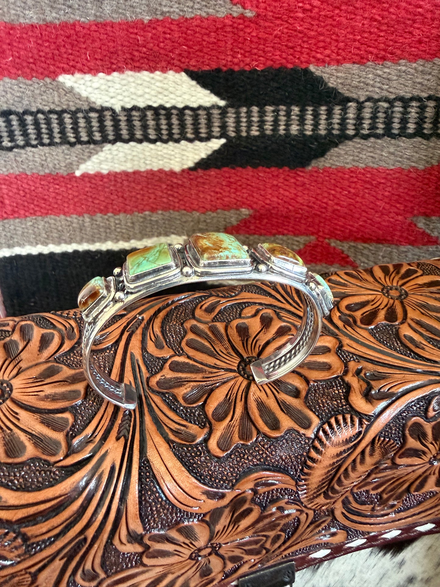 Square Green Turquoise Stone Cuff By Junior Begay