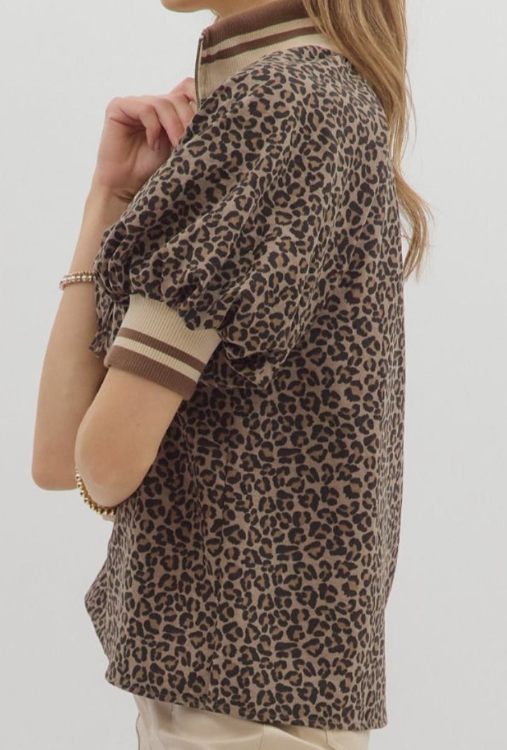 z Leopard Puff Sleeve Half-Zip Top