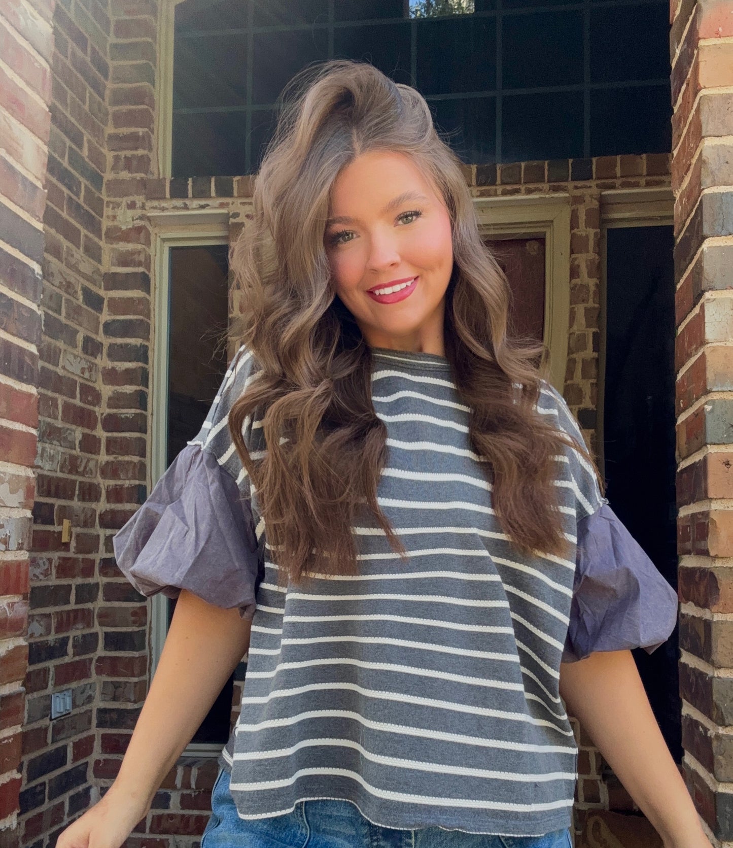 z Striped Puff Sleeve Round Neck Top