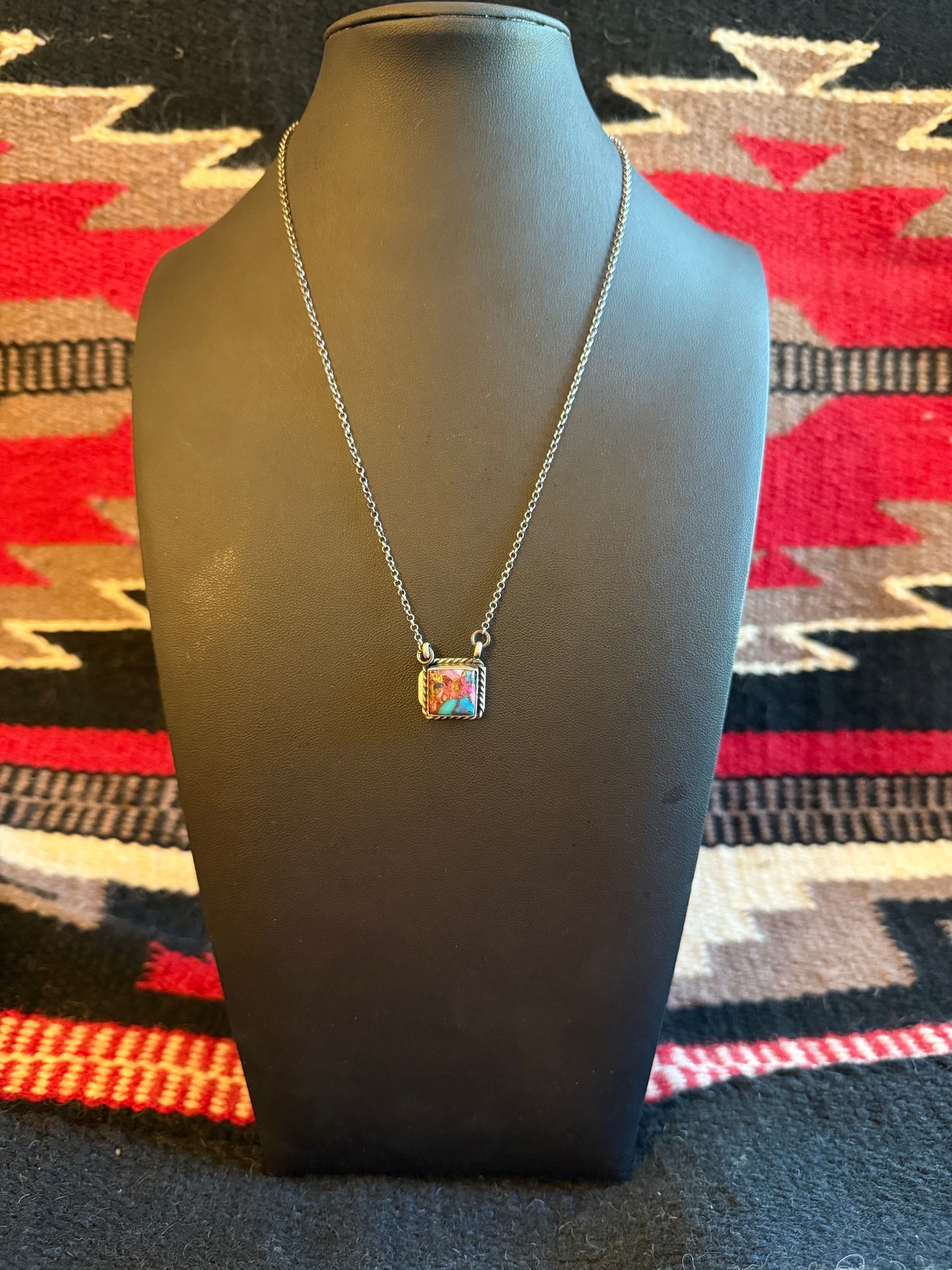 Sterling Silver Chain Necklace with a Square Pink Dahlia Pendant 20" Long