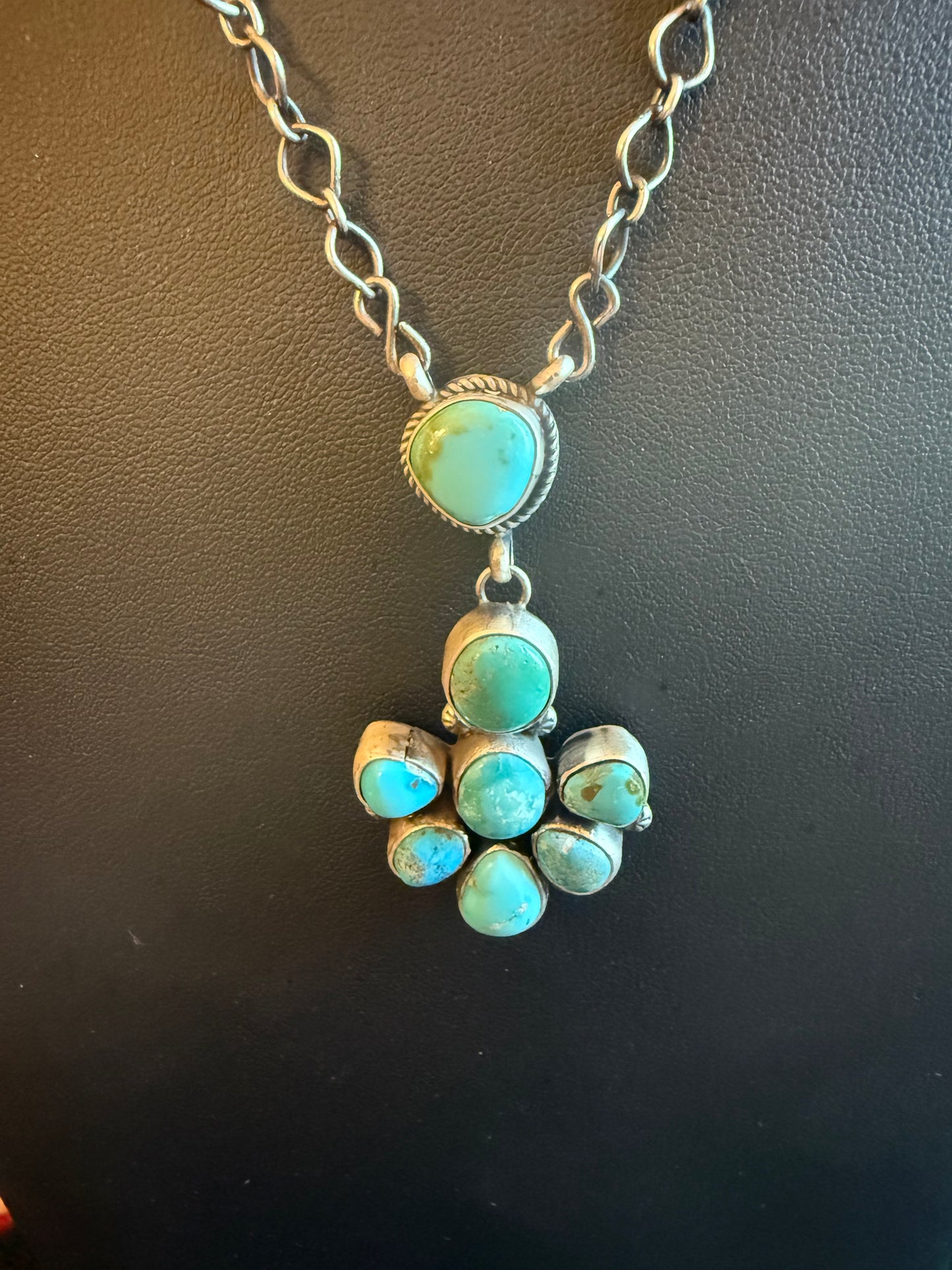 Sterling Silver Kingman Turquoise Cluster Pendant Necklace on a Link Chain 20" Long