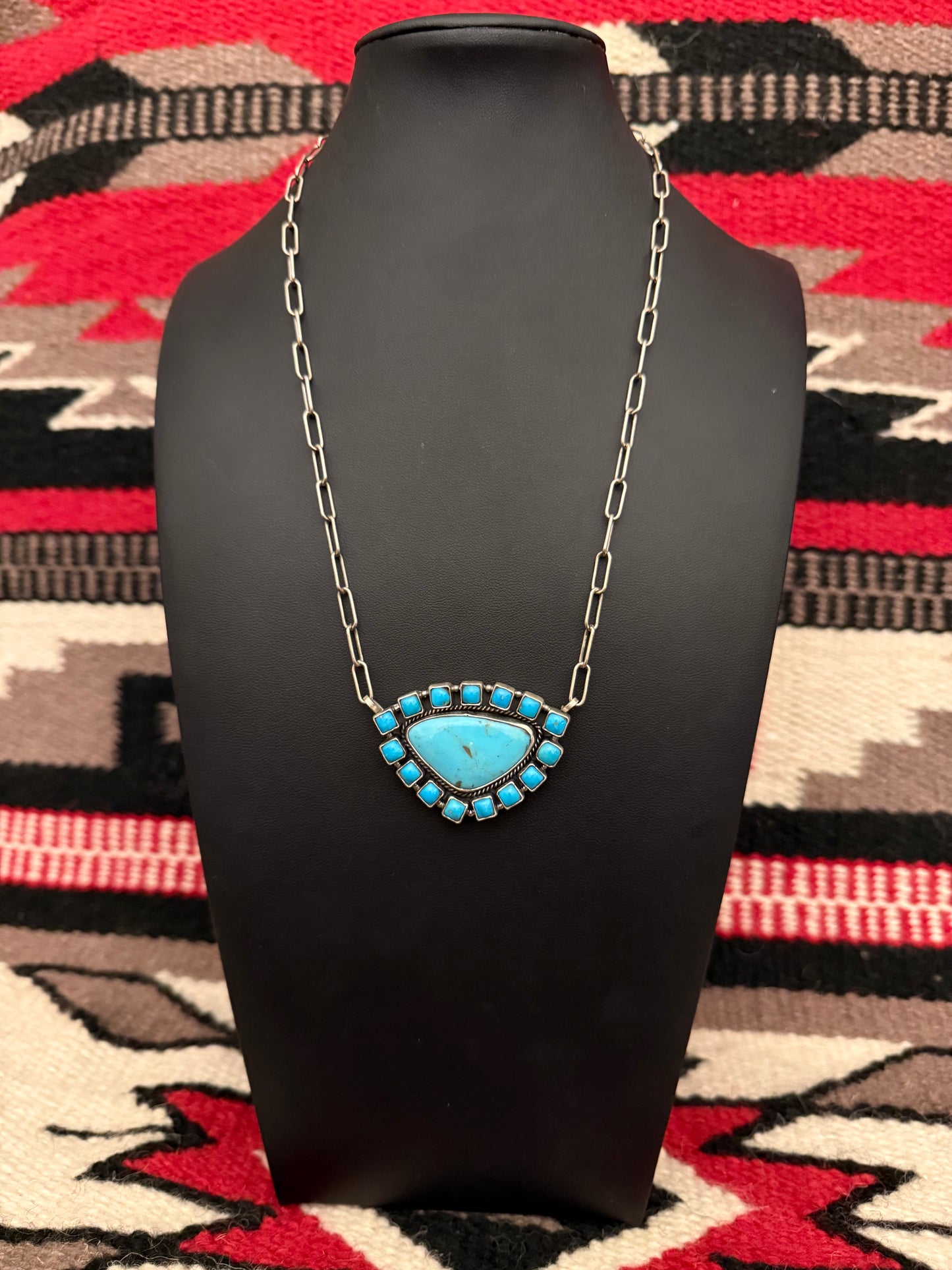 Sterling Silver Cluster Turquoise Link Chain Necklace 20" Long