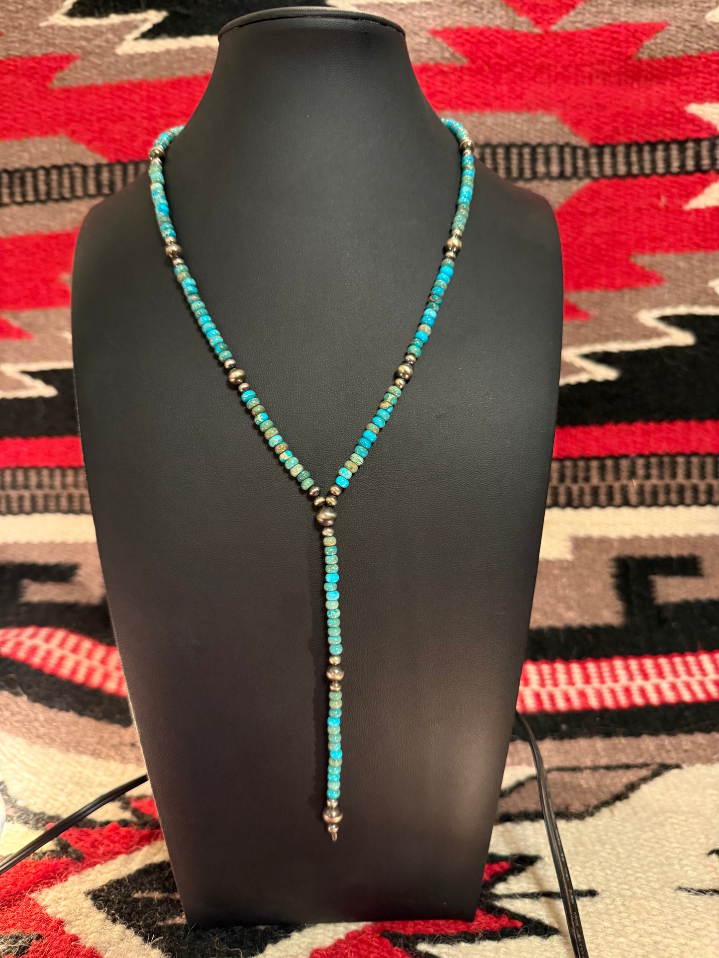 Kingman Turquoise Lariat with Sterling Silver Navajo Pearls 18” Long + 5" Drop