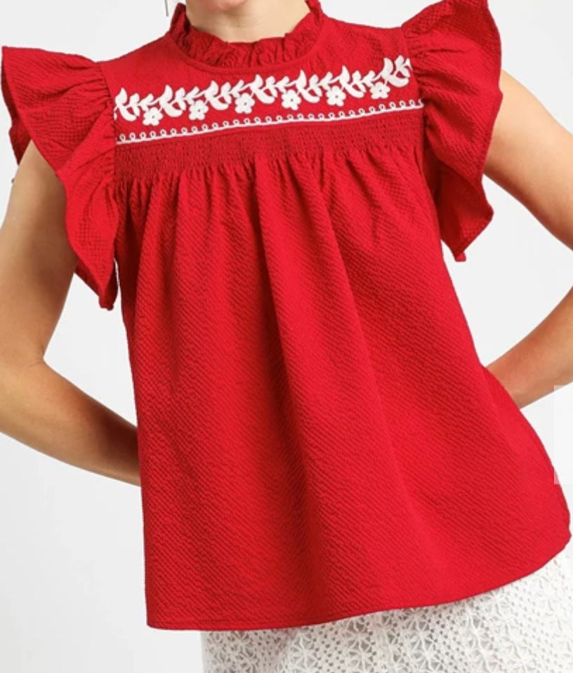 z Embroidered Flutter Sleeve Textured Top