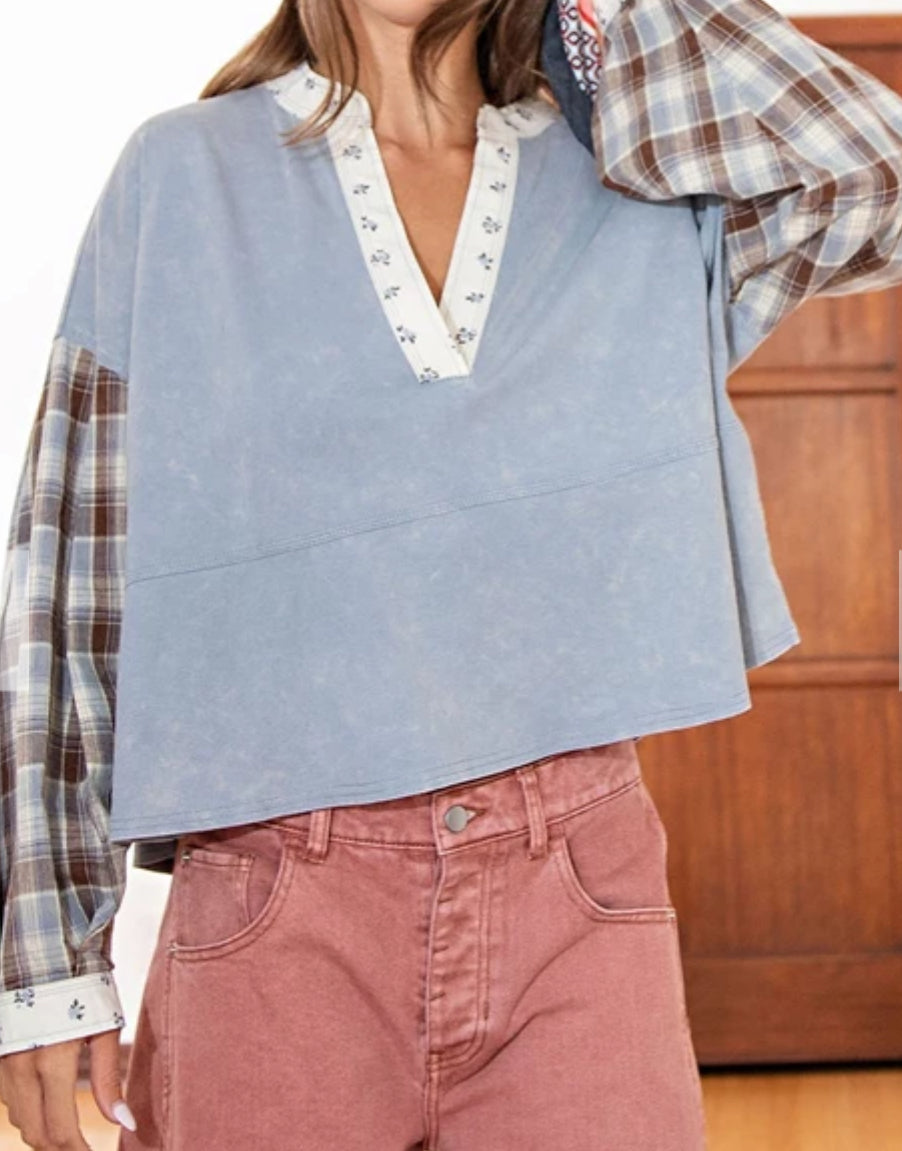 z Mineral Washed Floral Trim Plaid Contrast Top