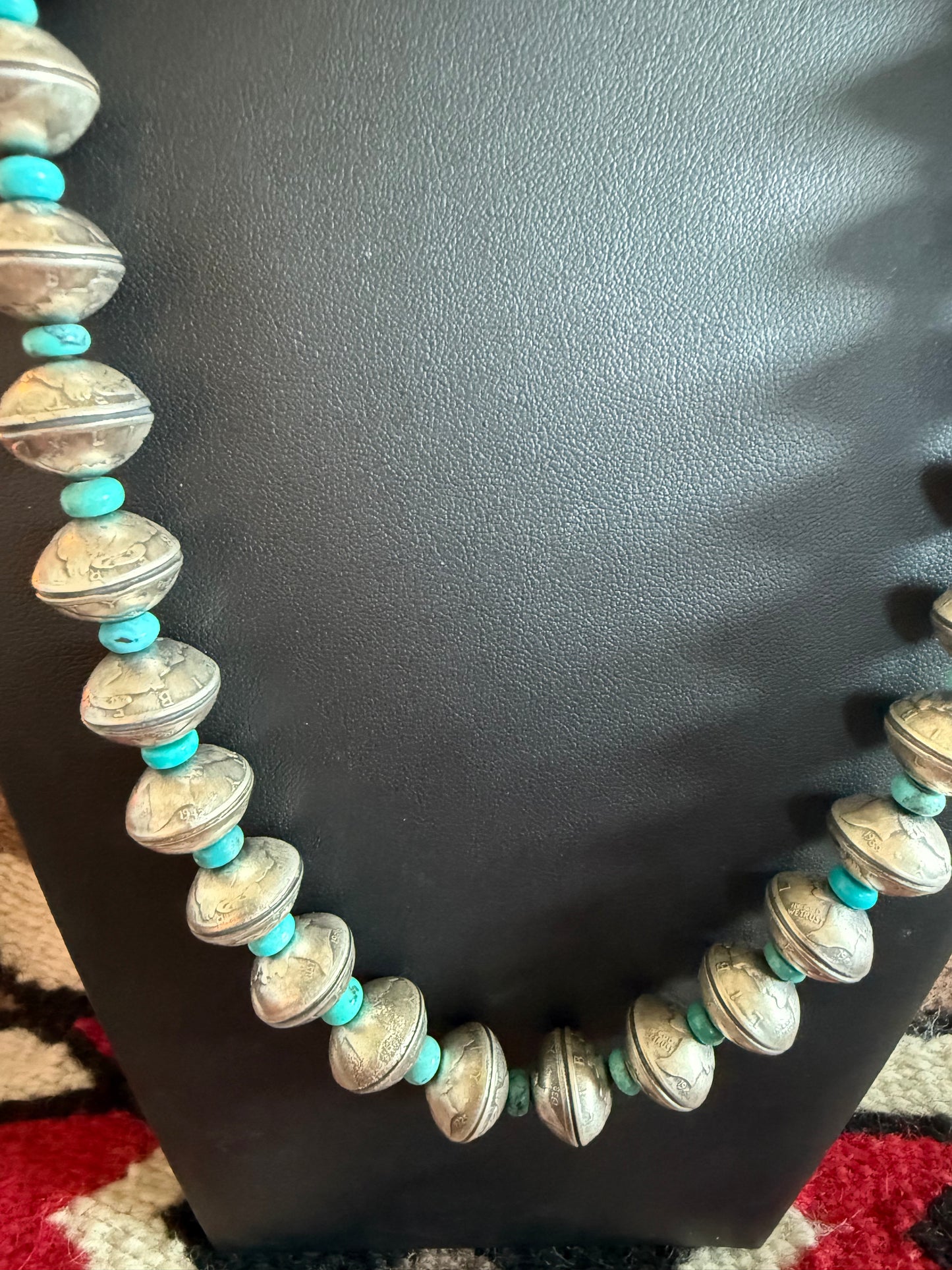 Sterling Silver and Kingman Turquoise Handmade Navajo Pearl Necklace 24" Long
