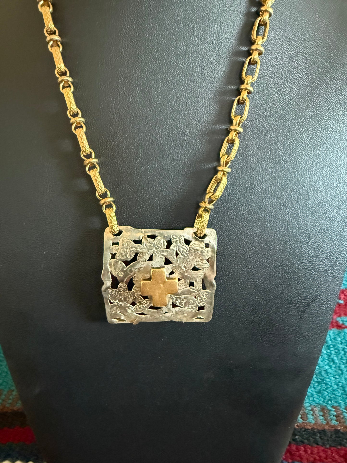 v2 Silver and Gold Belt Buckle Link Chain Cross Necklace 18" Long