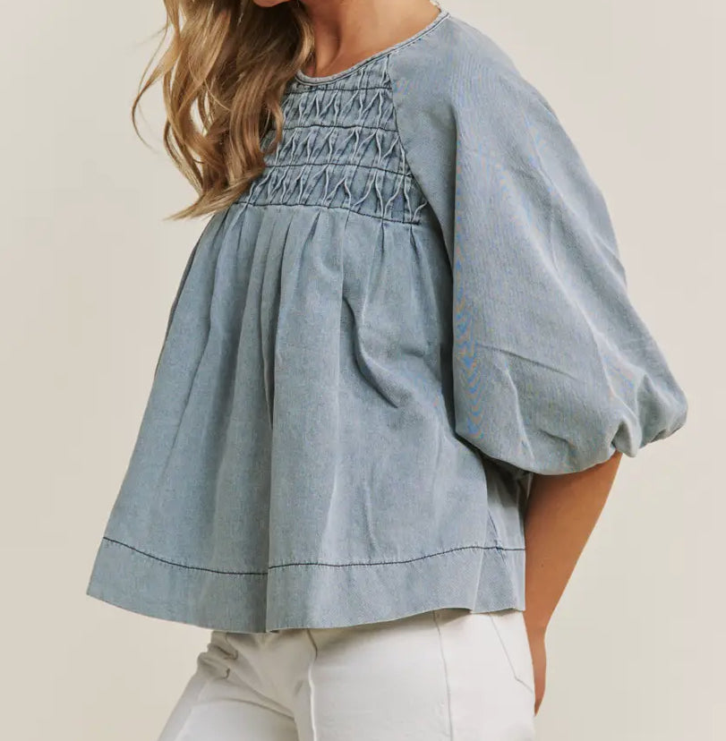 z Denim Puffed Sleeve Babydoll Top