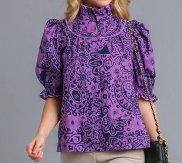 z Scalloped High Collar Half Sleeve Top with Buttons and Round Yoke