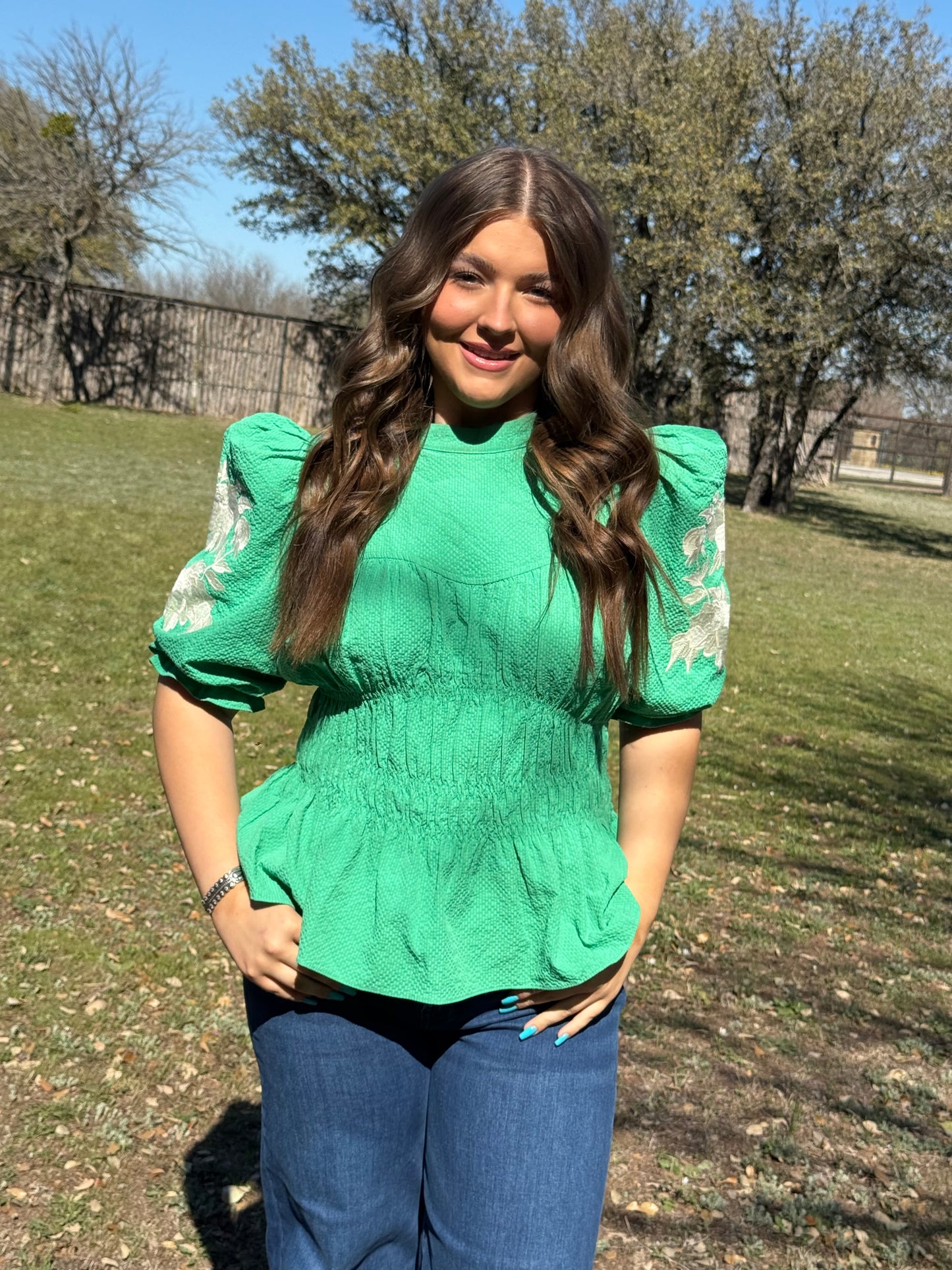 z Peplum Blouse with Embroidered Puff Sleeves
