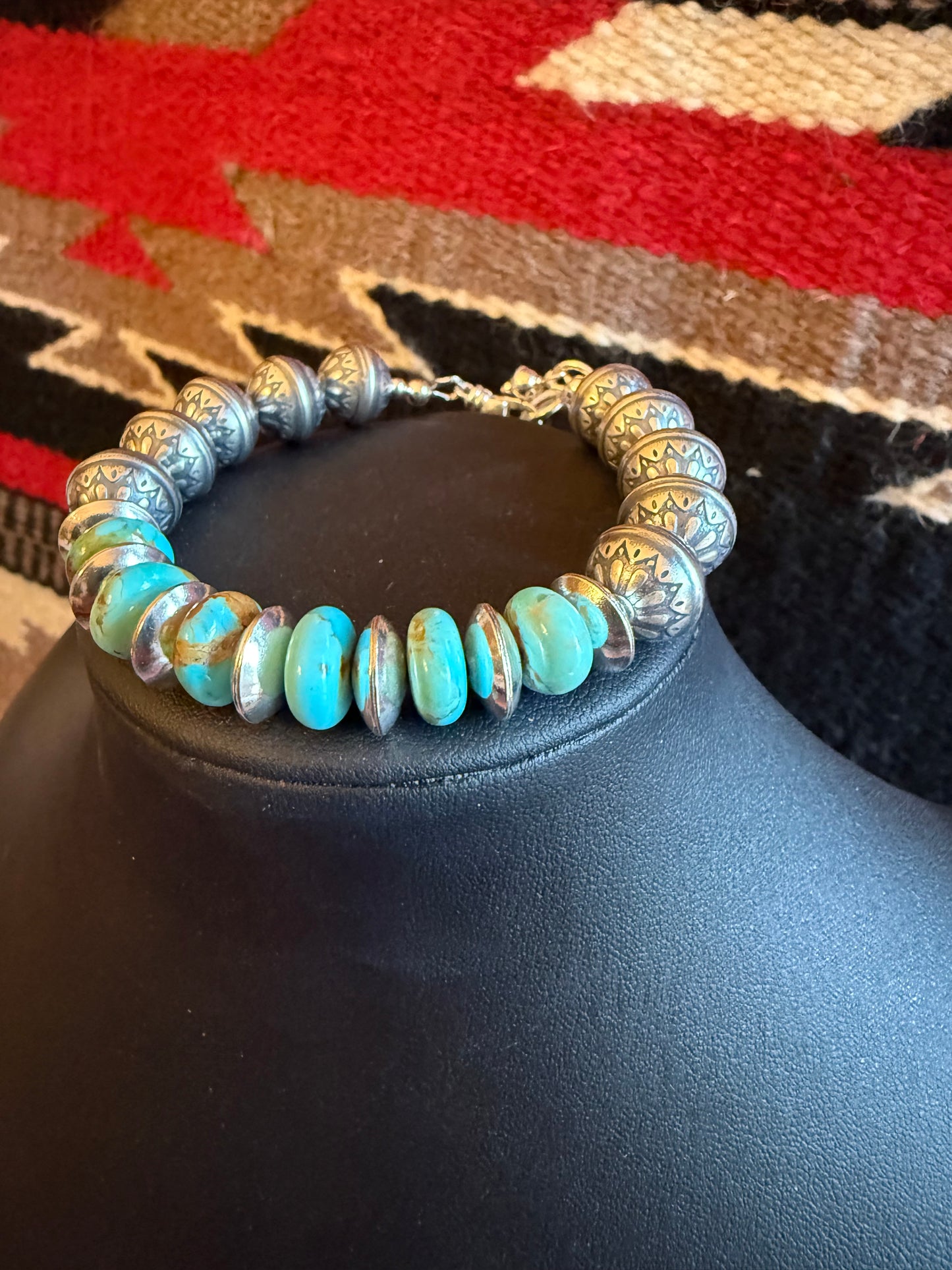 LI Kingman Turquoise Sterling Silver Flower Bracelet. 8"