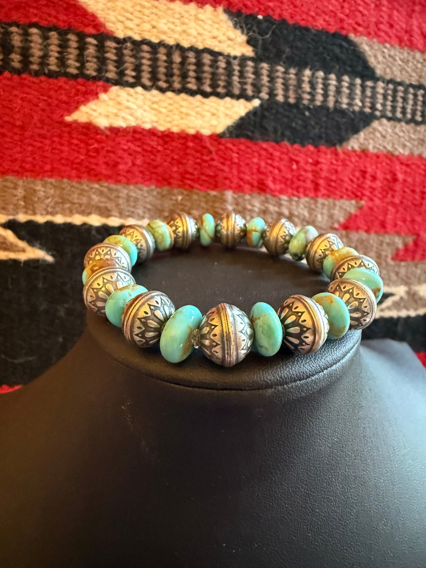 LI Flower Bead Stretch Bracelet with Kingman Turquoise