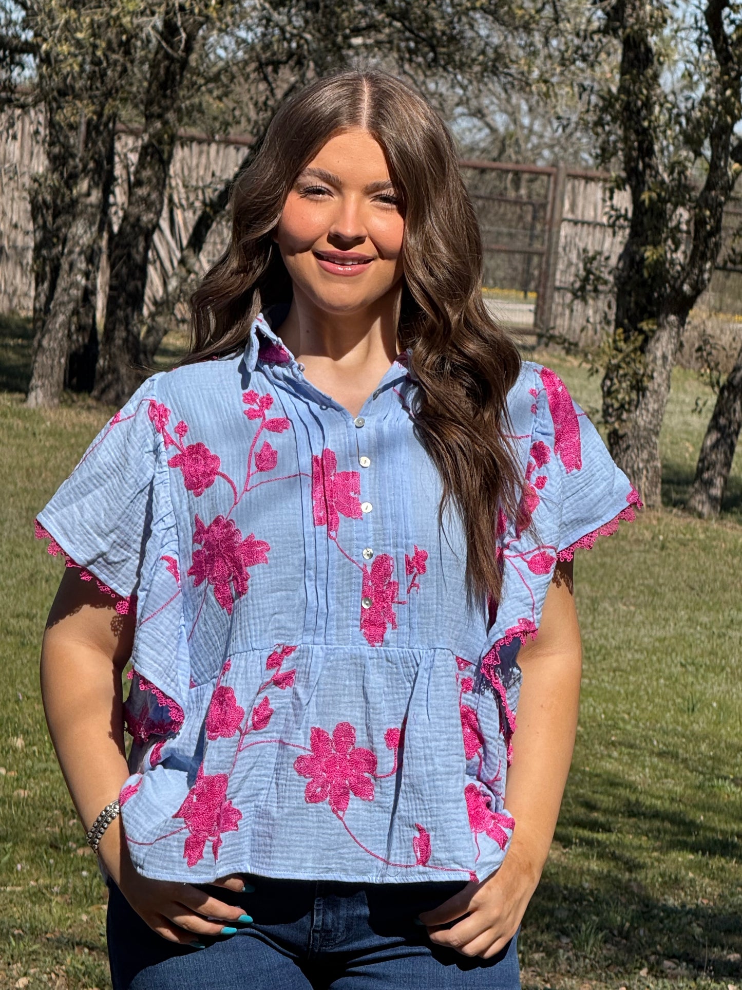 z Embroidered Lace Flutter Sleeve Blouse