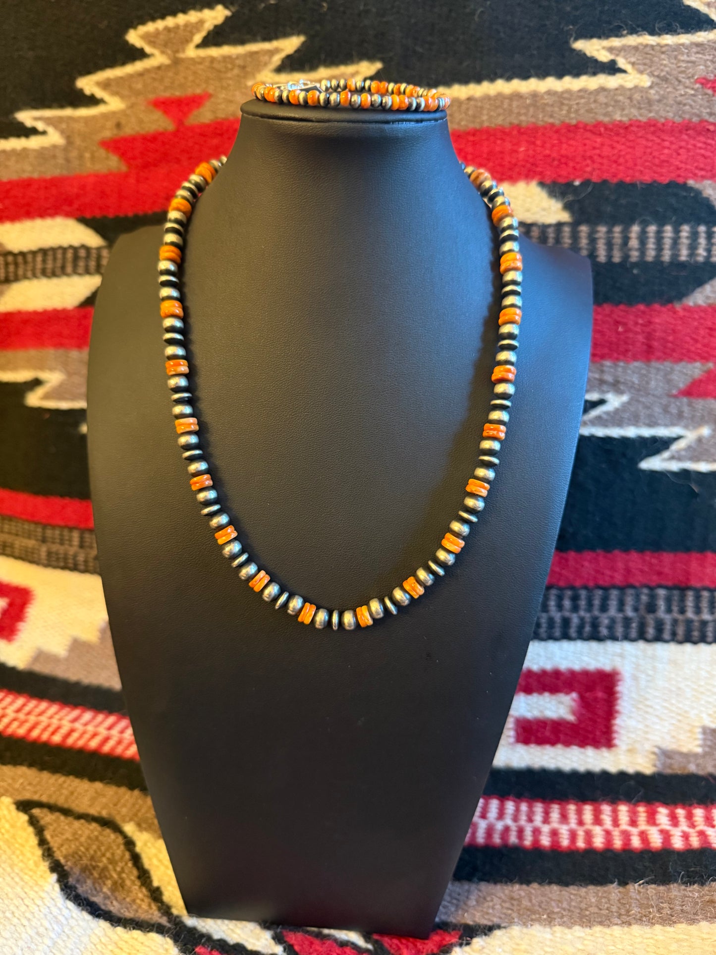 Sterling Silver Navajo Pearl Necklace with Orange Spiny