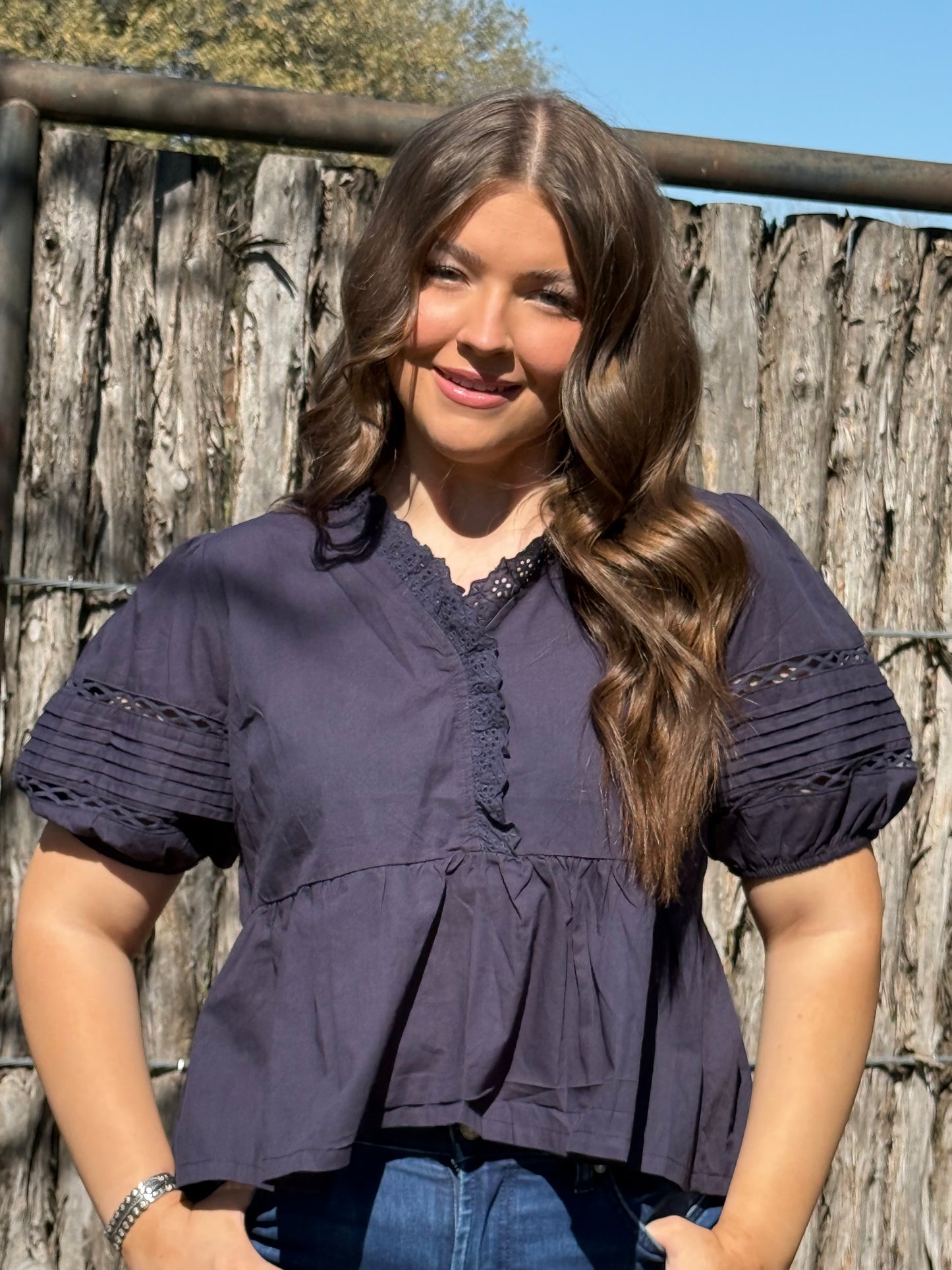 z Lace Trimmed Top with Bubble Sleeves