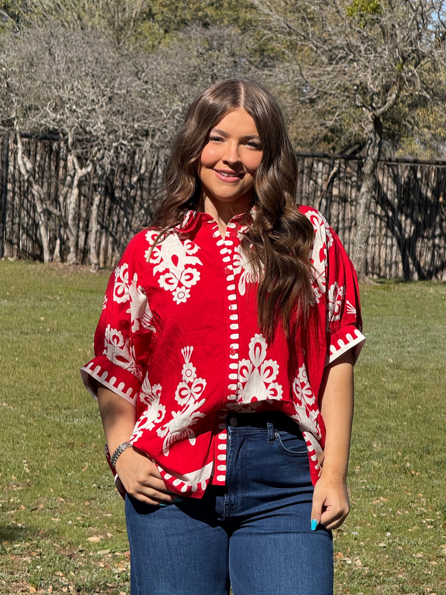 z Oversized Abstract Print Button Down Top