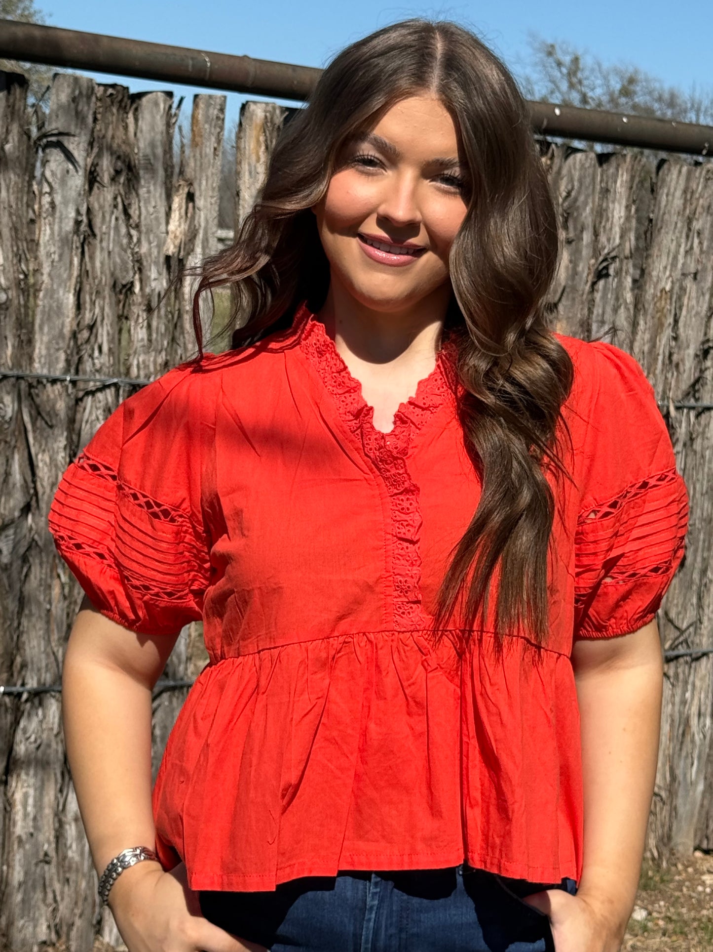 z Lace Trimmed Top with Bubble Sleeves