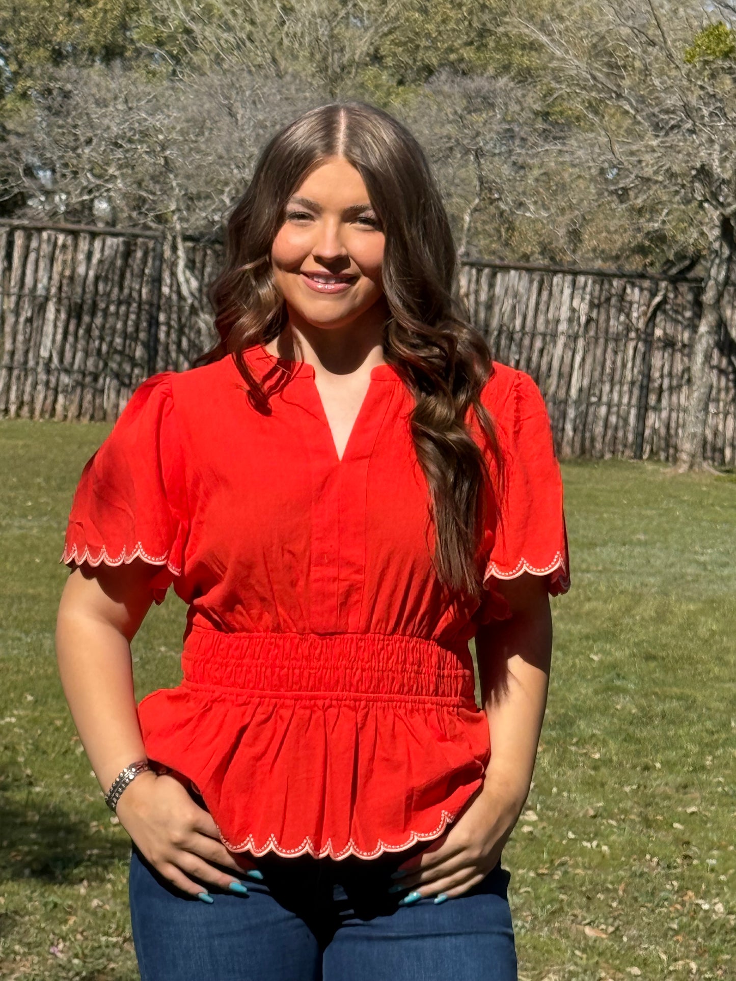 z Scalloped Hem Smocked Waist Blouse
