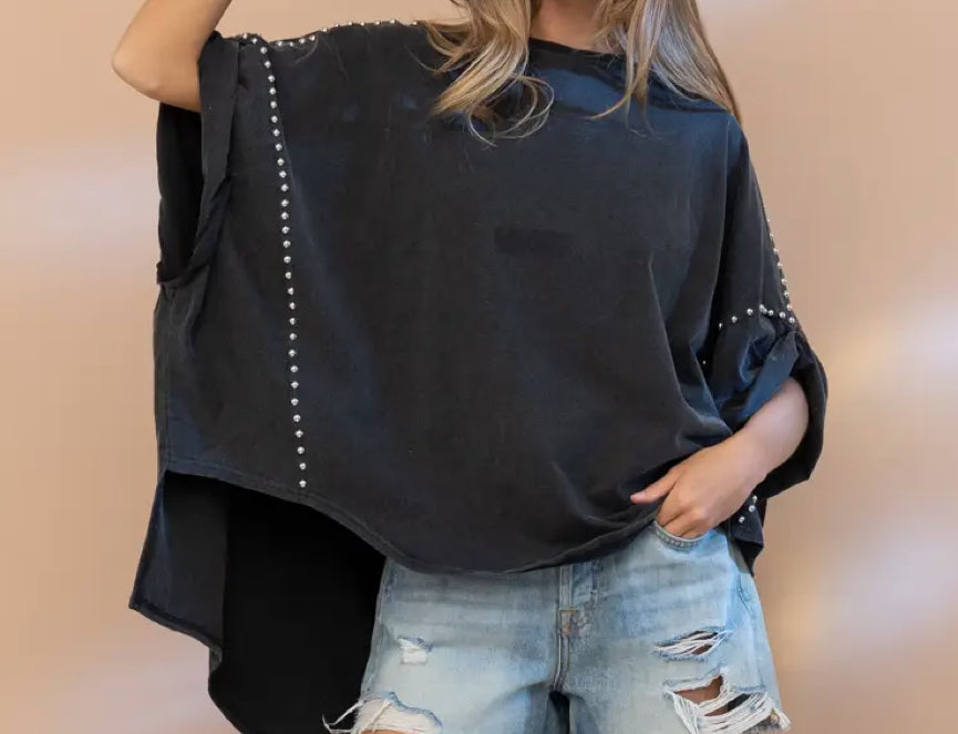 z Garment Washed Roll Up Sleeve Studded High Low T-Shirt
