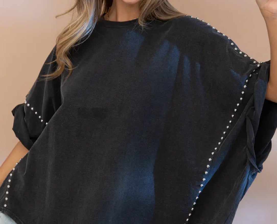 z Garment Washed Roll Up Sleeve Studded High Low T-Shirt