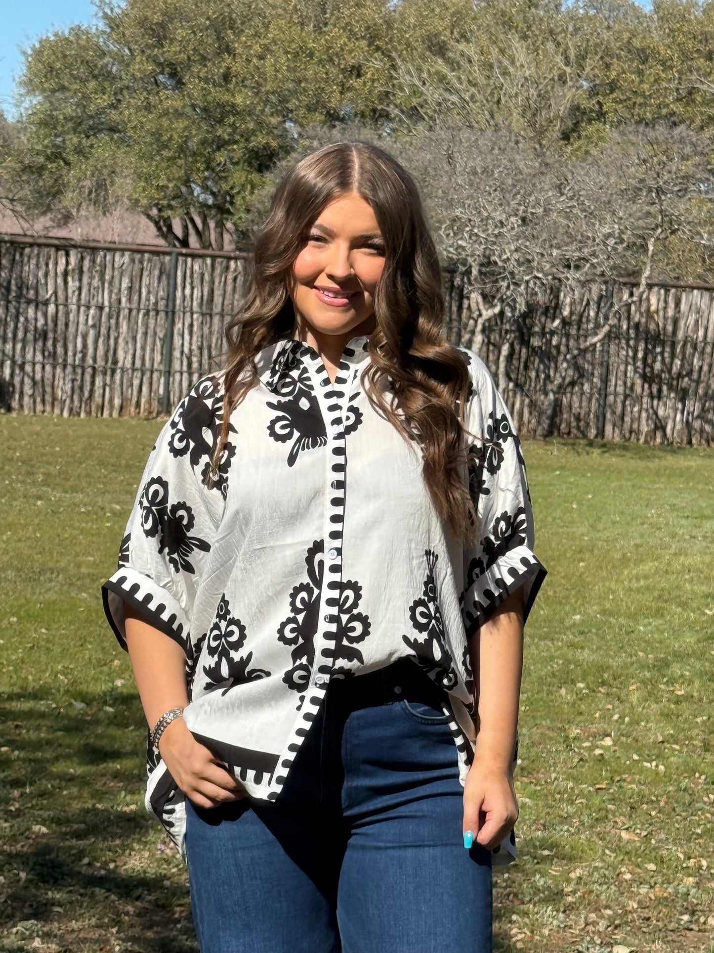 z Oversized Abstract Print Button Down Top