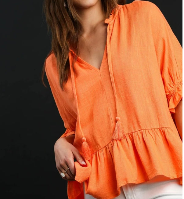 z Linen Blend Half Sleeve Top With Front Tassel Tie and Ruffle Hem