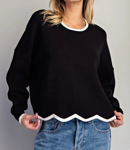 z   Contrast Scallop Trim Long Sleeve Sweater
