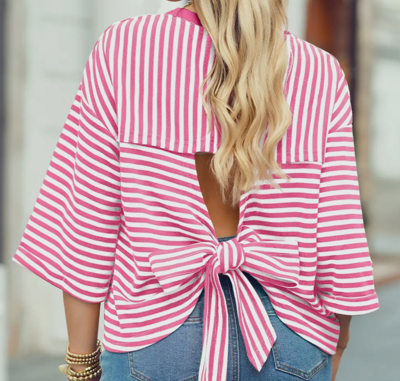 z   Striped Drop Shoulder Top with Bow Decor