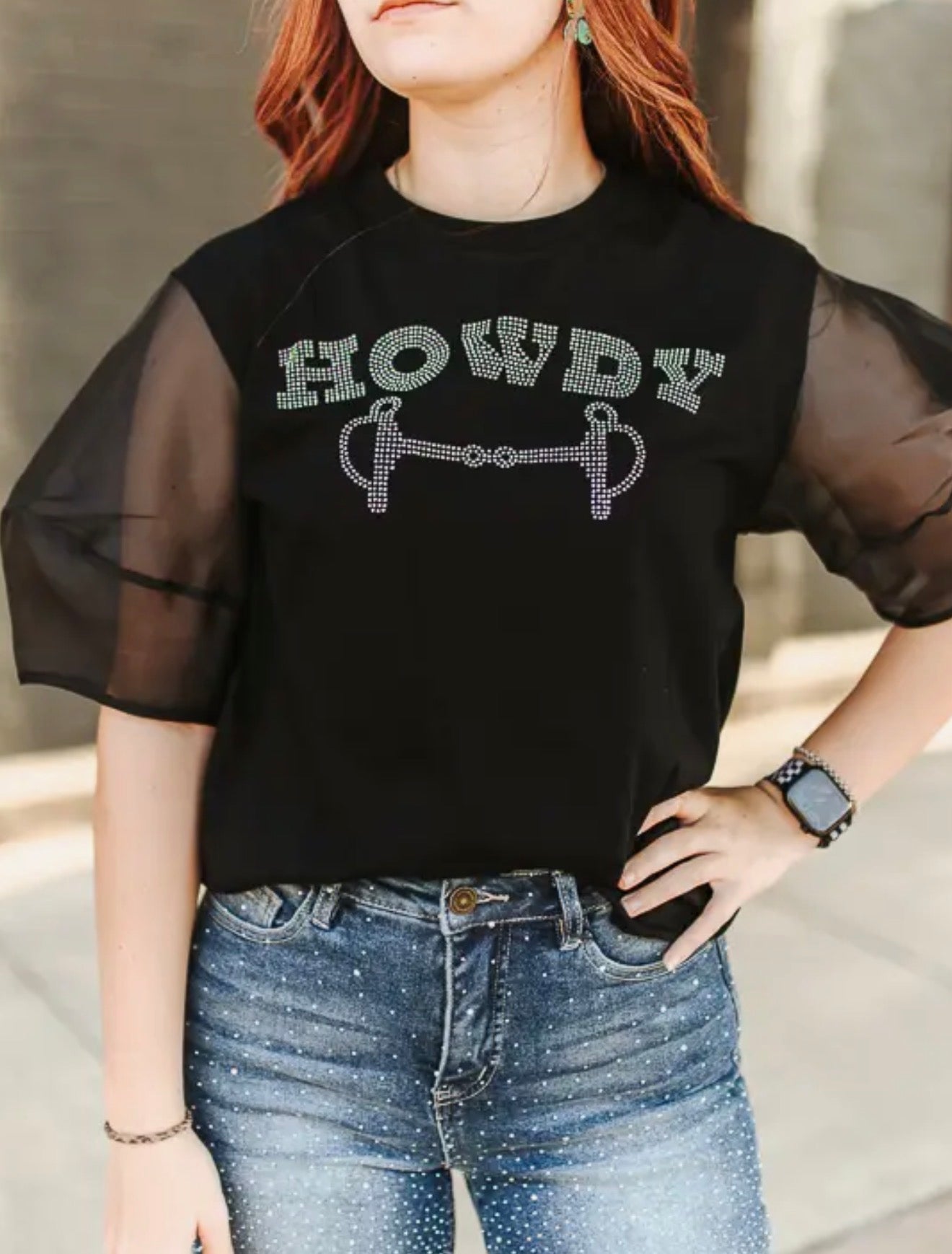 z   Western Rhinestone Puffed Sleeve Top