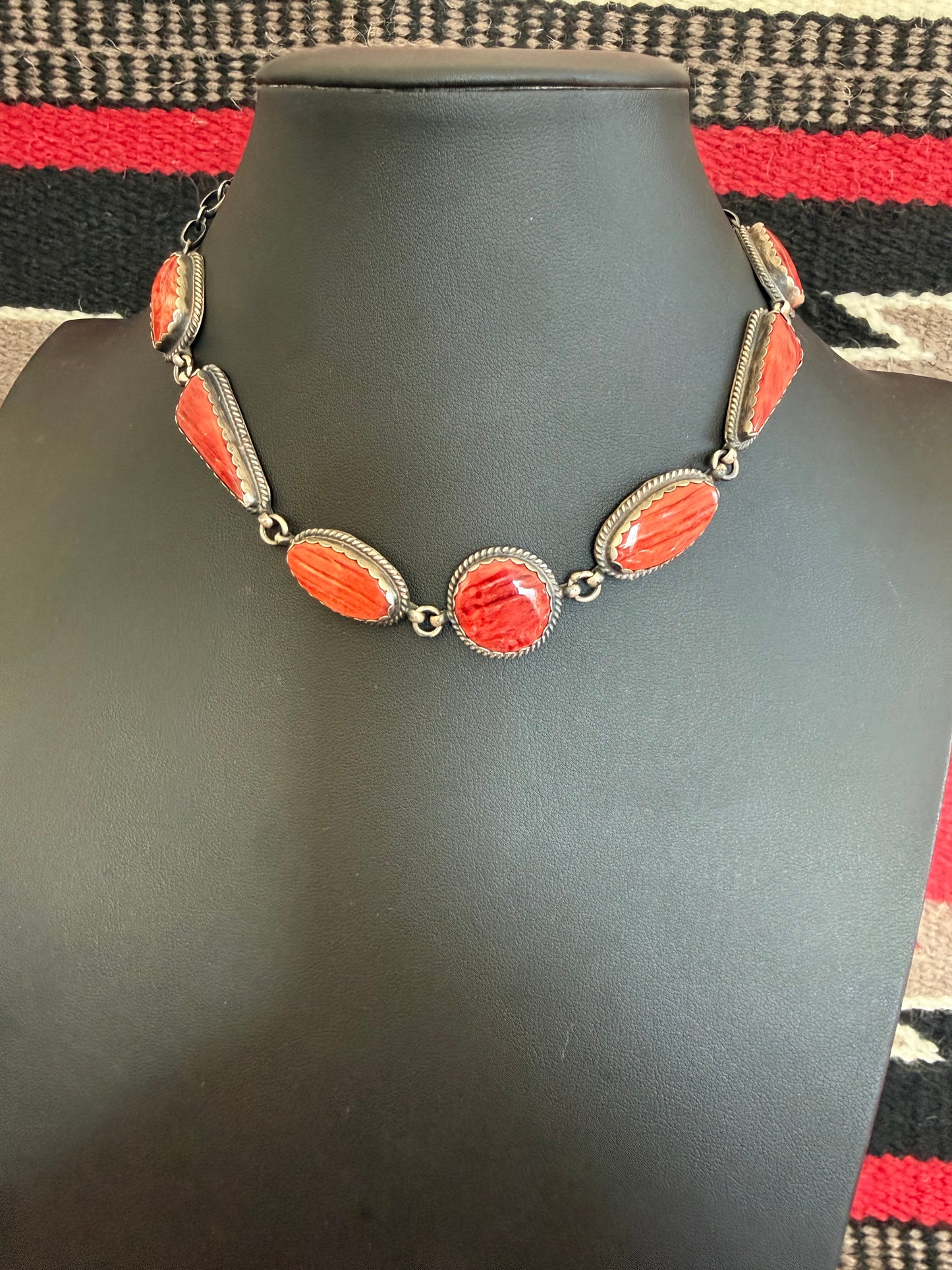 Red Spiny Oyster 7 Stone Necklace 18" Long By Peggy Skeets