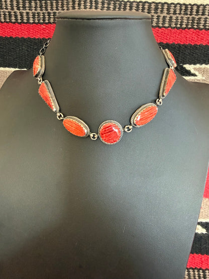 Red Spiny Oyster 7 Stone Necklace 18" Long By Peggy Skeets