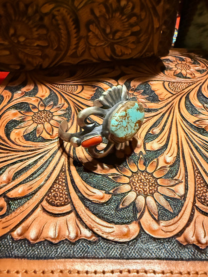 Handmade Sand Cast Turquoise and Coral Cuff  By Chimney Butte