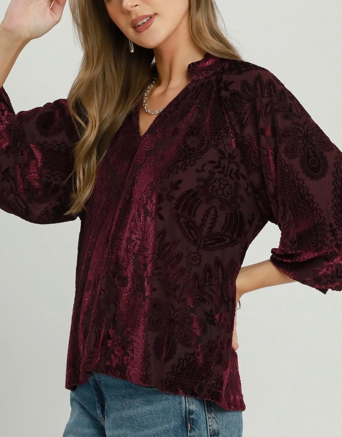 z   Damask Print Velvet Split Neck Merlot Top