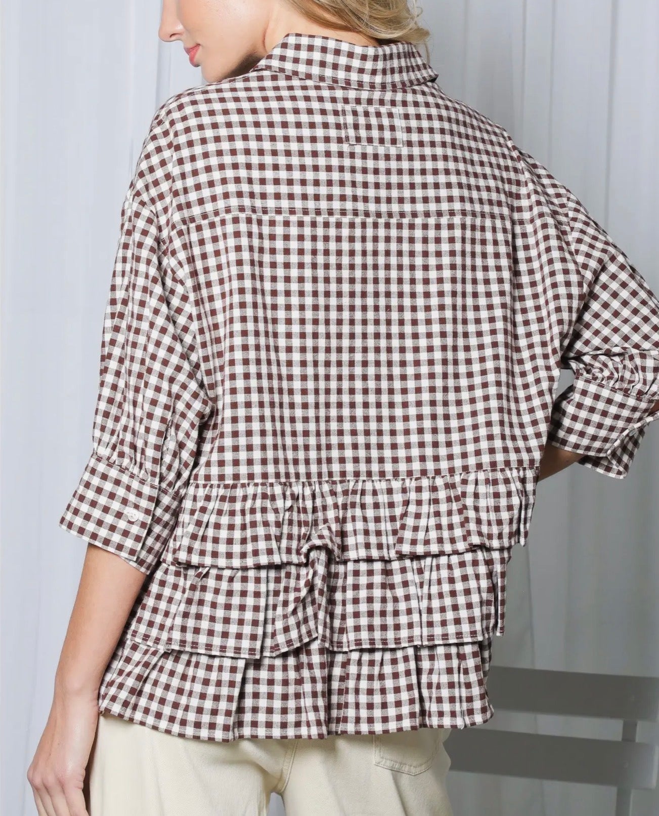 z   Brown Gingham Puff Sleeve Ruffle Top