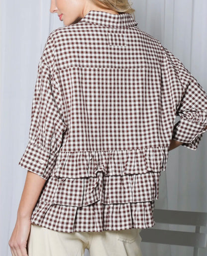 z   Brown Gingham Puff Sleeve Ruffle Top
