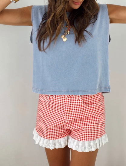 z   Red Gingham Denim Ruffle Shorts