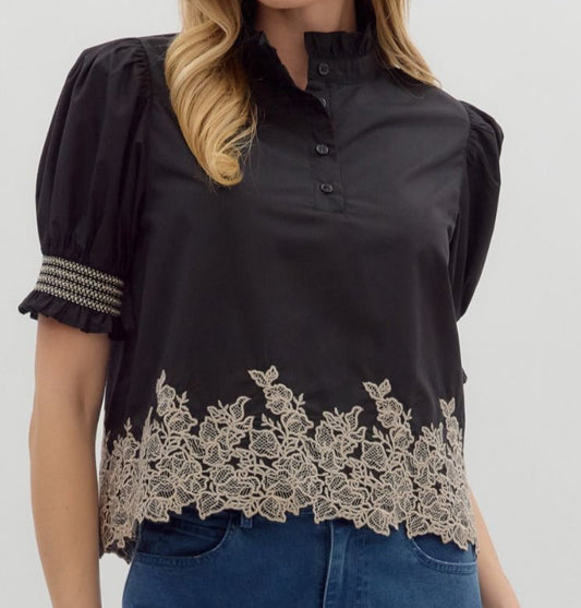 z   Embroidered Puff Sleeve Top