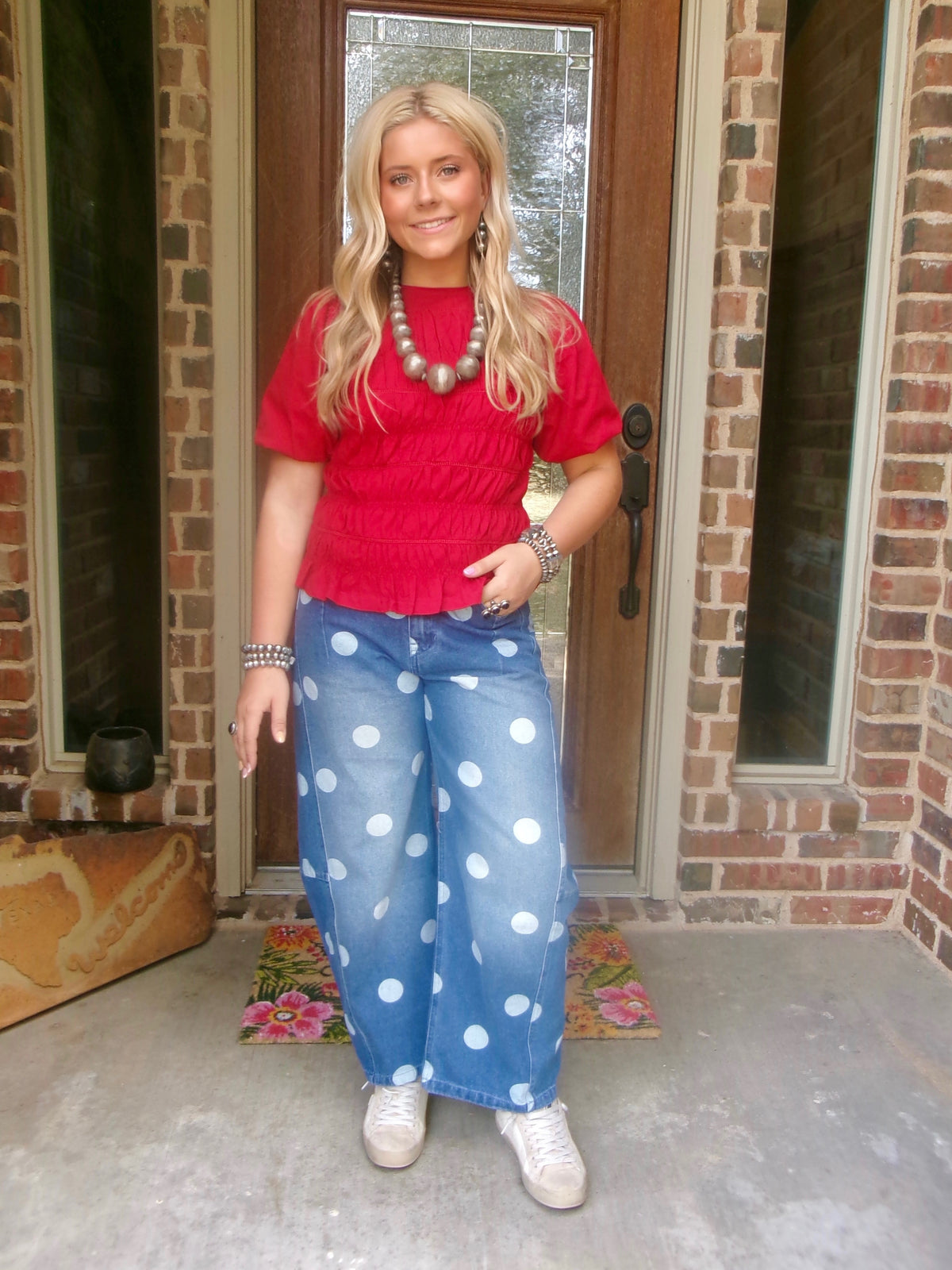 z   Washed Polka Dot Denim Barrel Jeans