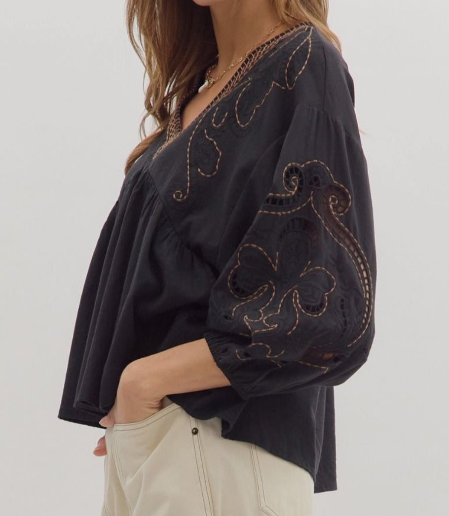 z   3/4 Embroidered Cut Out Sleeves Top