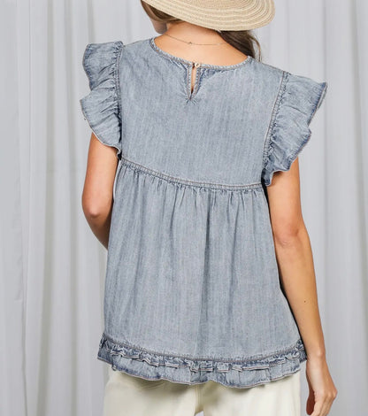 z   Chambray Denim Ruffle Top