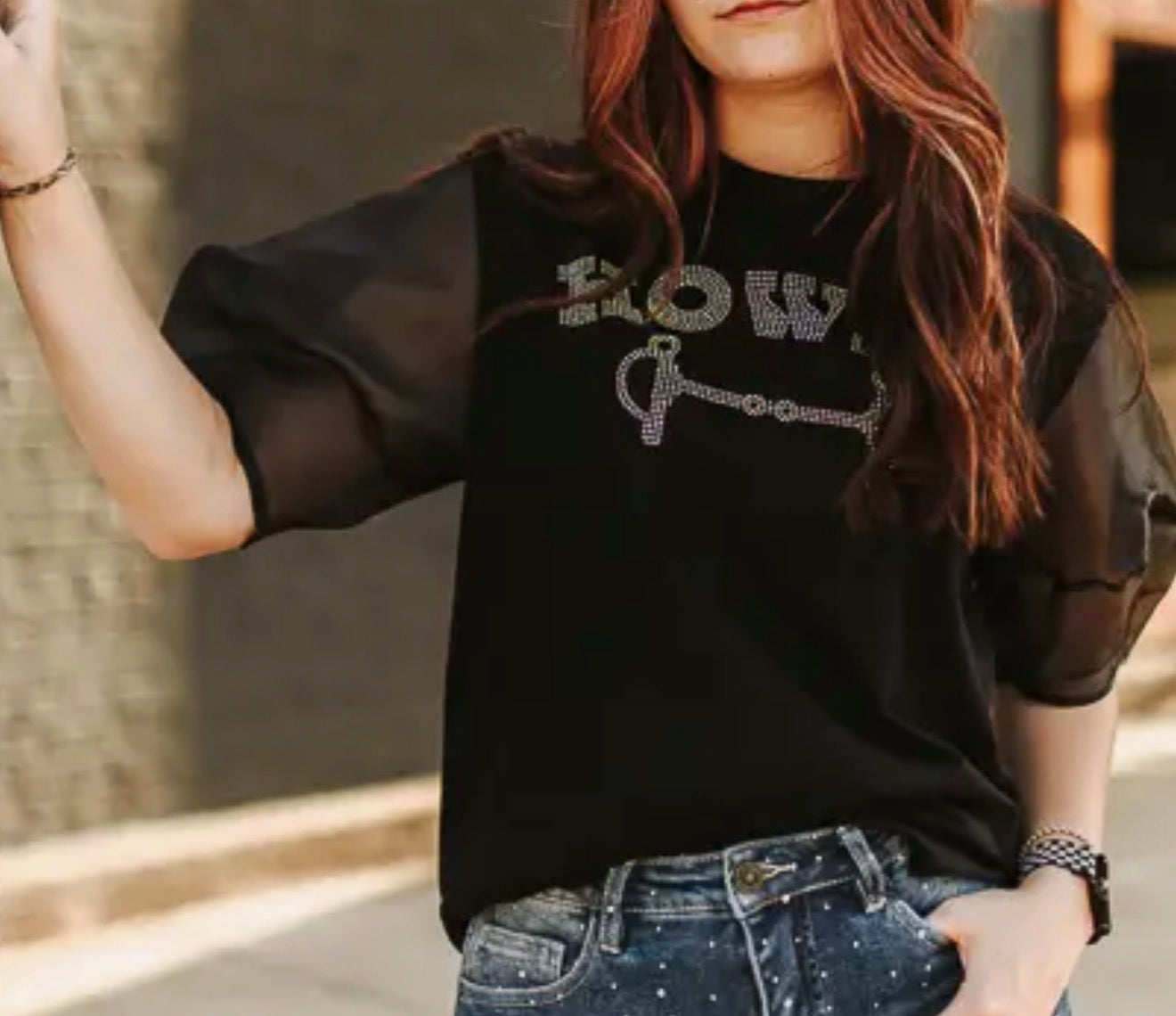 z   Western Rhinestone Puffed Sleeve Top