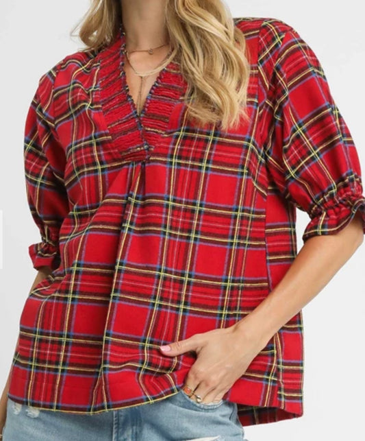 z   Plaid Smocked Flannel Top