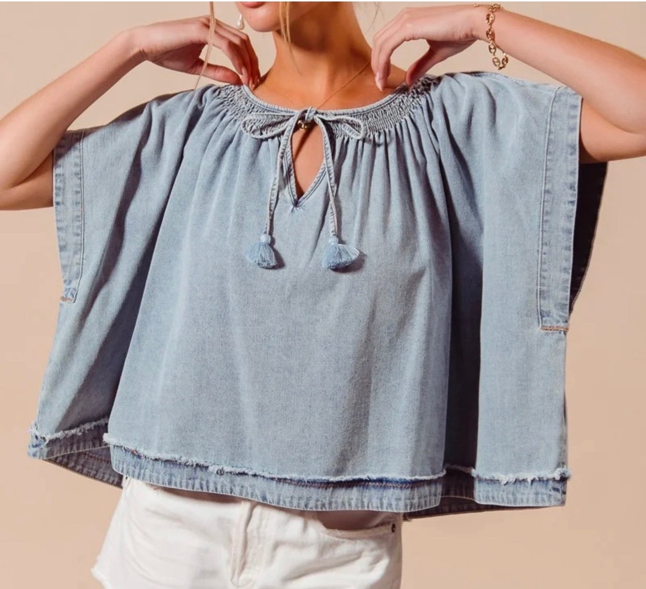 z   Smocked Neck Dolman Chambray Denim Top