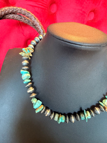 Handmade Sterling Silver and Kingman Turquoise Nugget Necklace  14" Long